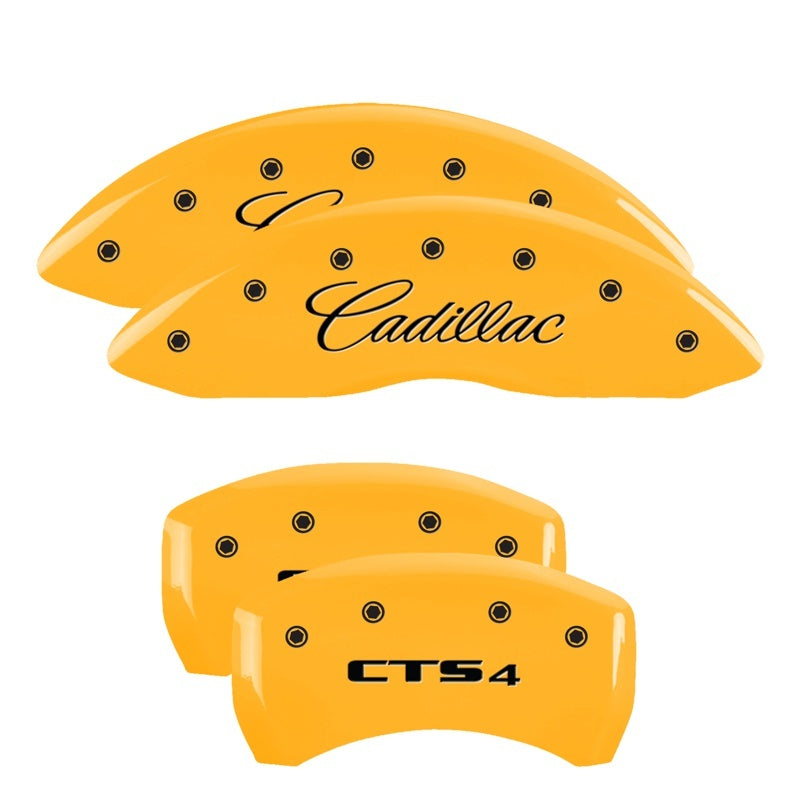 MGP 4 Caliper Covers Engraved Front Cursive/Cadillac Engraved Rear CTS4 Yellow finish black ch