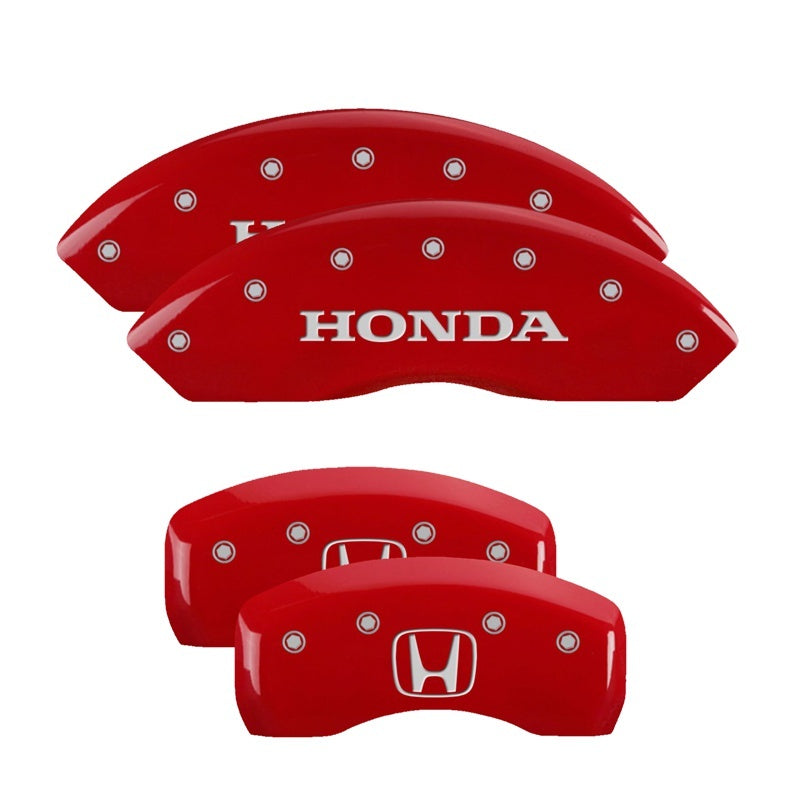 Couvre-étriers MGP 4 gravés à l'avant, logo Honda gravé à l'arrière, finition rouge, argent ch