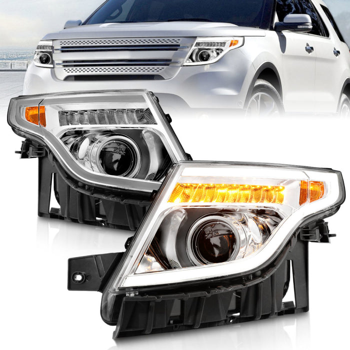 Phares de projecteur ANZO 11-15 Ford Explorer avec barre lumineuse, boîtier chromé avec lumière ambre