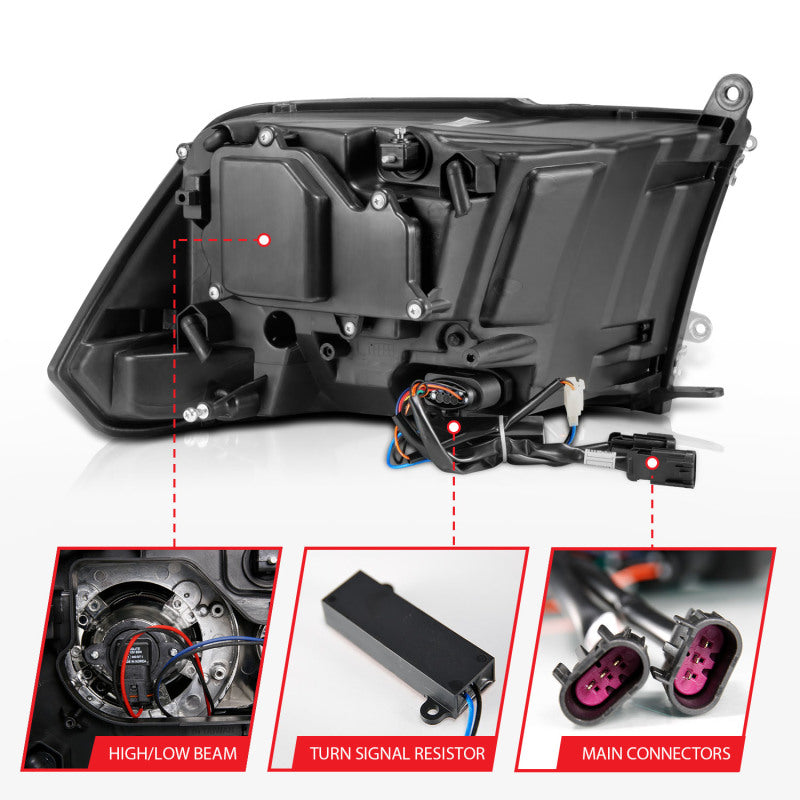 ANZO 2009-2018 Dodge Ram 1500 Phares de projecteur de style planche Halo avec Switchback Noir mat