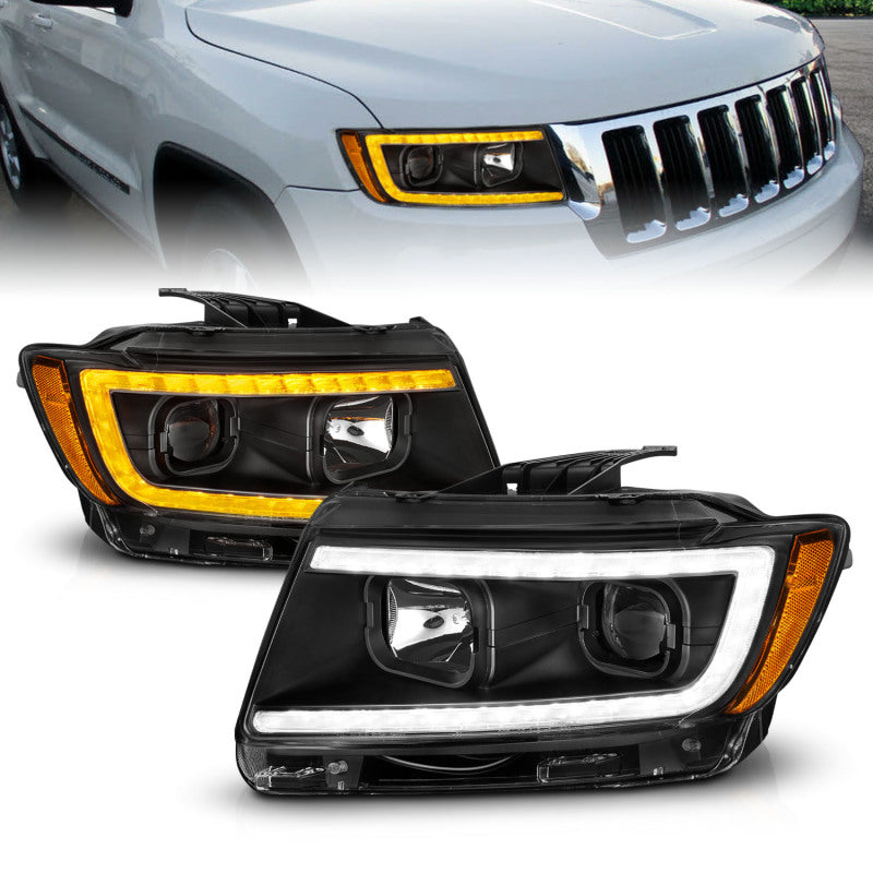 ANZO 11-13 Jeep Grand Cherokee (halogène d'usine uniquement) Phares de projecteur avec barre lumineuse Swtchbk Noir