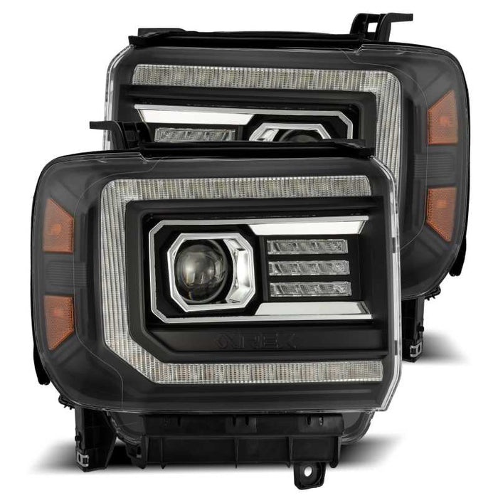 Phares à LED AlphaRex 14-18 GMC Sierra LUXX de style planche, noir avec éclairage actif/signal séquentiel/DRL