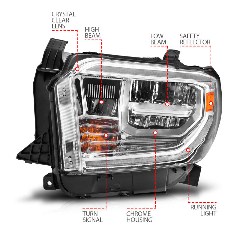 Phares à LED en cristal ANZO 2014-2021 Toyota Tundra avec boîtier chromé Switchback avec DRL