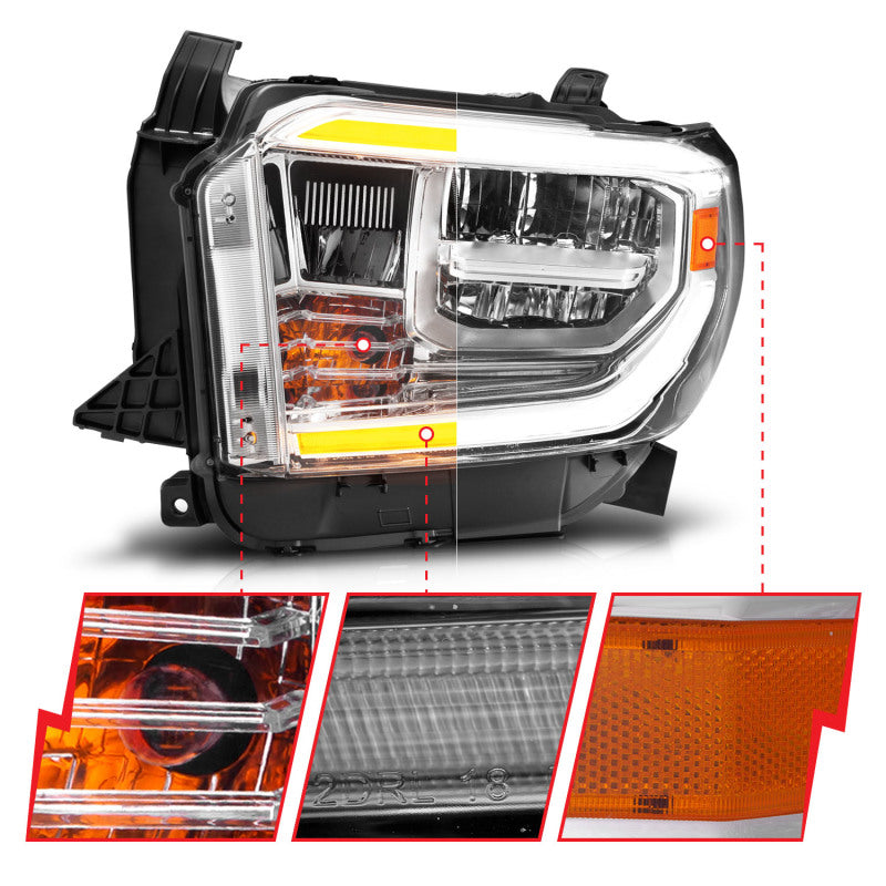 Phares à LED en cristal ANZO 2014-2017 Toyota Tundra avec boîtier chromé Switchback avec DRL