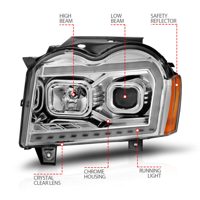 Phares de projecteur ANZO 05-07 Jeep Grand Cherokee - avec boîtier chromé à interrupteur de barre lumineuse