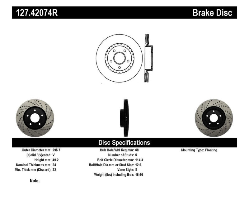 Disque de frein avant droit rainuré et percé StopTech 1/02-05 Infiniti G35 (disque en alliage) / 6/02-05 Nissan 350Z
