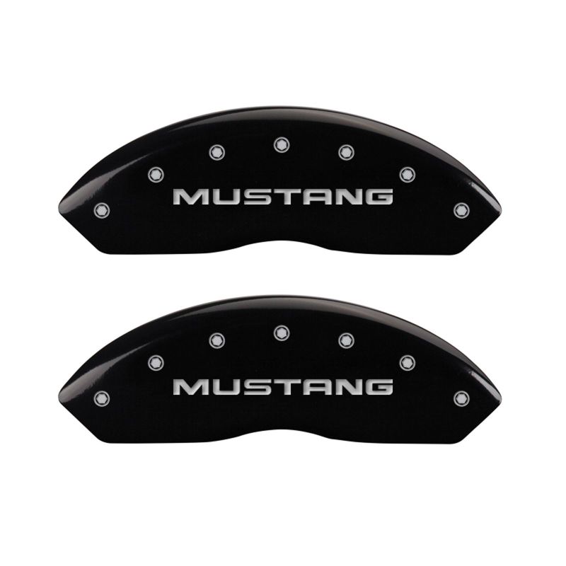 MGP 4 Caliper Covers Engraved Front Mustang Engraved Rear Pony Black finish silver ch