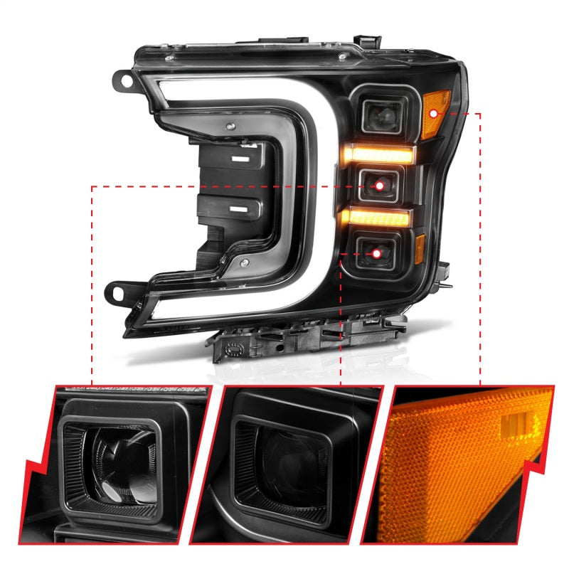 Phares de style barre de fumée à projecteur LED complet Anzo 18-20 Ford F-150 noir ambre