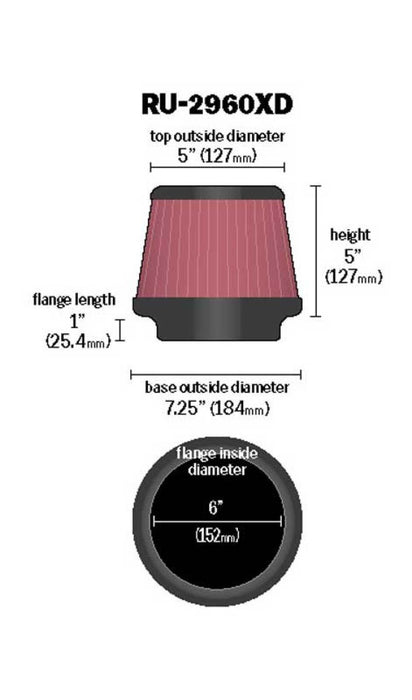 Filtre conique universel K&amp;N 6 po de diamètre intérieur de bride x 7,5 po de diamètre extérieur de base x 5 po de diamètre extérieur supérieur x 5 po de hauteur