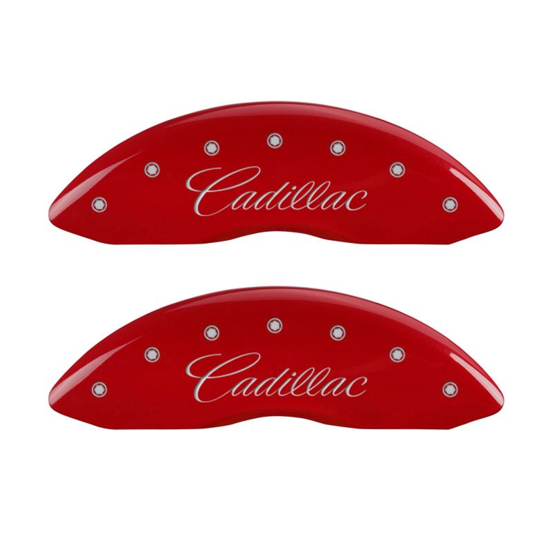 MGP 4 Caliper Covers Engraved Front Cursive/Cadillac Engraved Rear CTS Red finish silver ch