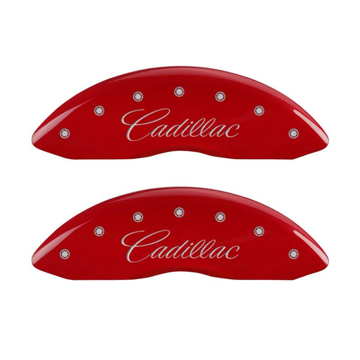 Couvre-étriers MGP 4 gravés avant et arrière cursive/finition rouge Cadillac argent ch