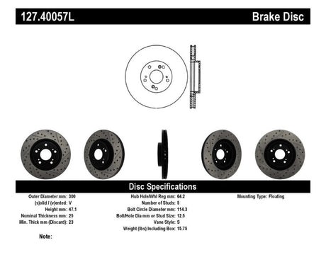 Rotor avant gauche rainuré et percé StopTech 02-06 Acura RSX Type S / 06-09 Honda Civic Si