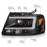 Phares de projecteur ANZO 2004-2008 Ford F-150 avec barre lumineuse et boîtier noir