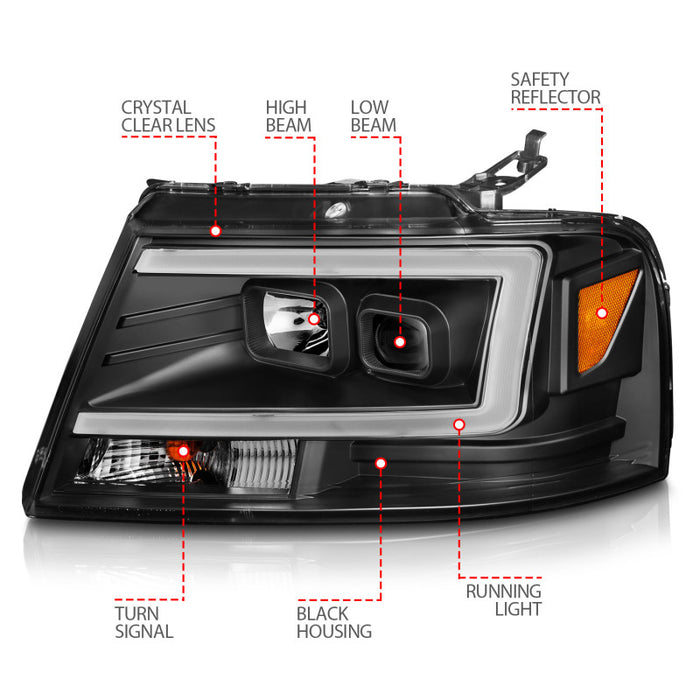 Phares de projecteur ANZO 2004-2008 Ford F-150 avec barre lumineuse et boîtier noir