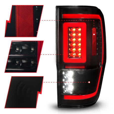 Feux arrière à LED ANZO 19-22 Ford Ranger avec signal séquentiel de barre lumineuse, boîtier noir/lentille fumée