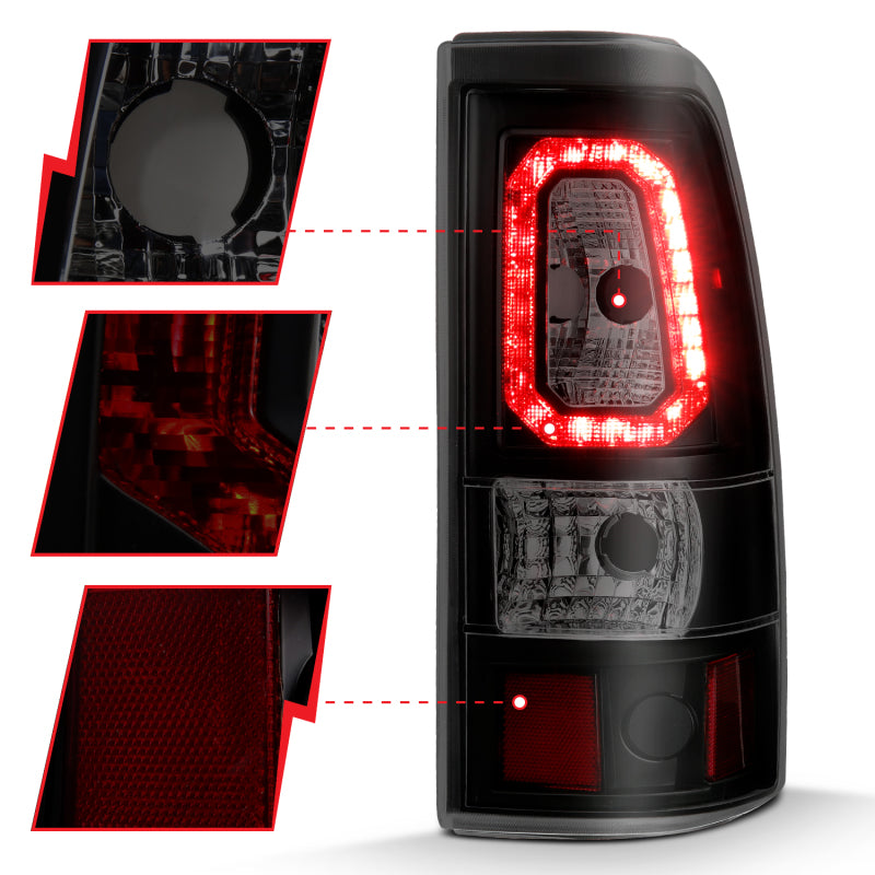 Feux arrière à LED ANZO 1999-2002 Chevy Silverado 1500 style planche noir avec lentille fumée