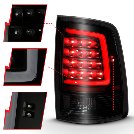 Feu arrière à LED ANZO 2009-2018 Dodge Ram 1500 style planche noir avec lentille fumée