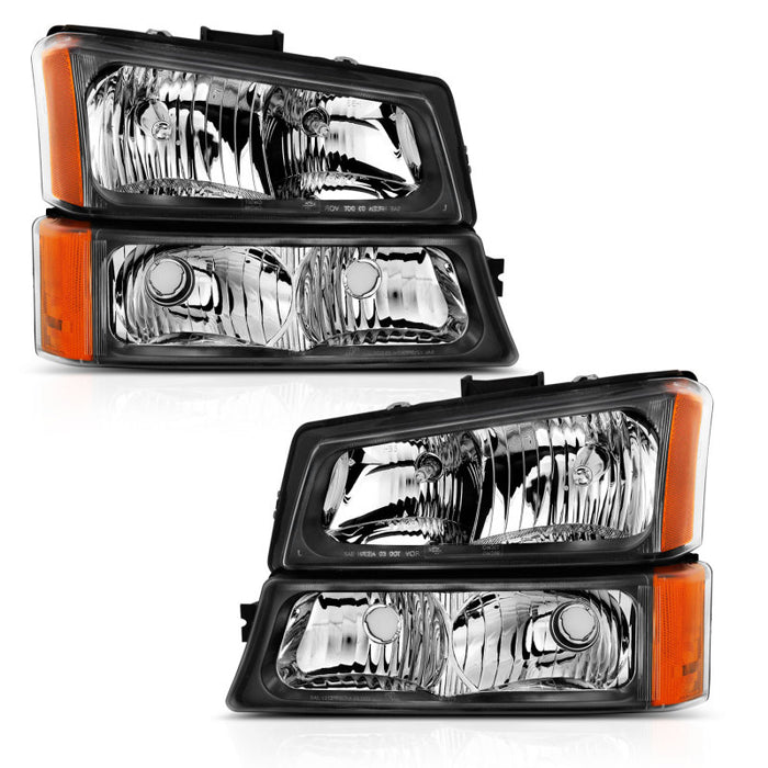 Phares en cristal ANZO 2003-2006 Chevy Silverado avec feu de signalisation noir ambre (4 pièces)