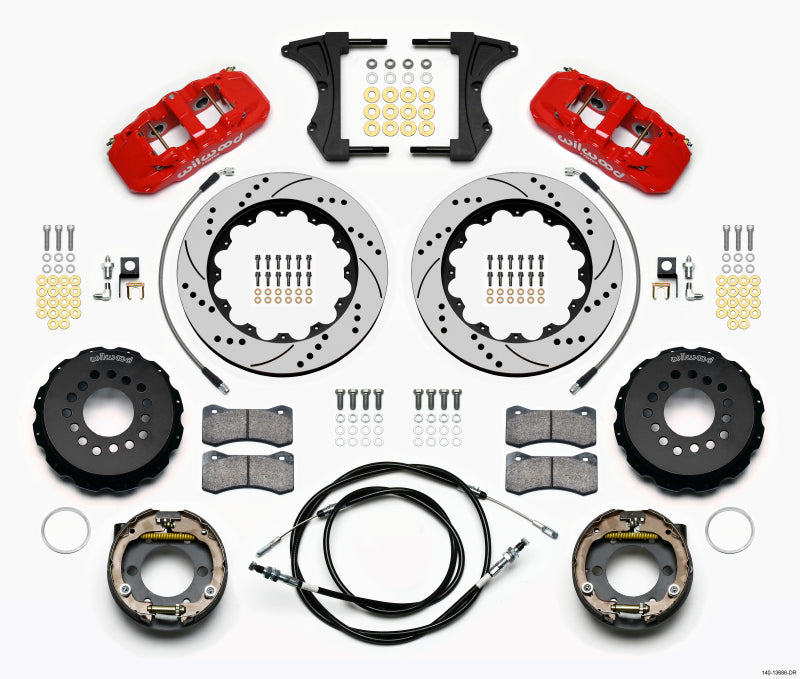 Kit arrière Wilwood AERO4 14.00 rouge percé Mustang 2005-2014 avec suspension BMR et lignes