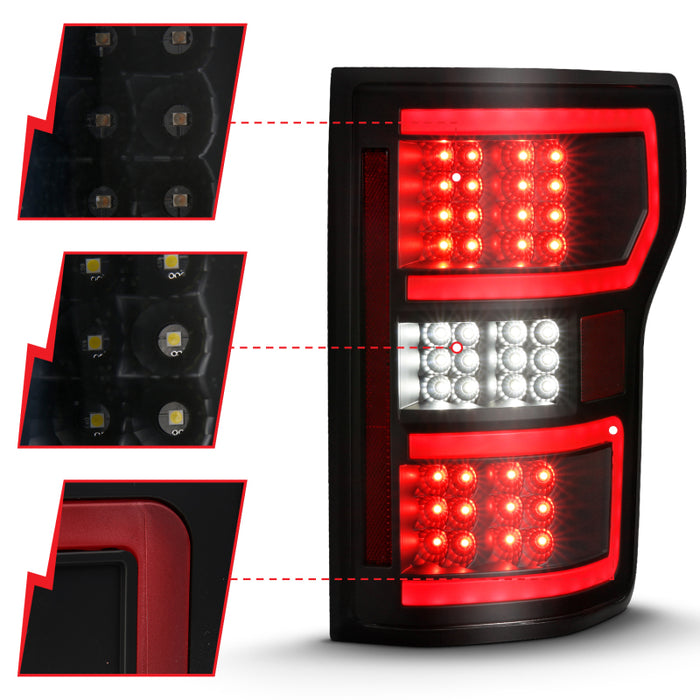 Feu arrière à LED ANZO 18-19 Ford F-150, boîtier noir, lentille transparente, barre lumineuse rouge avec séquentiel