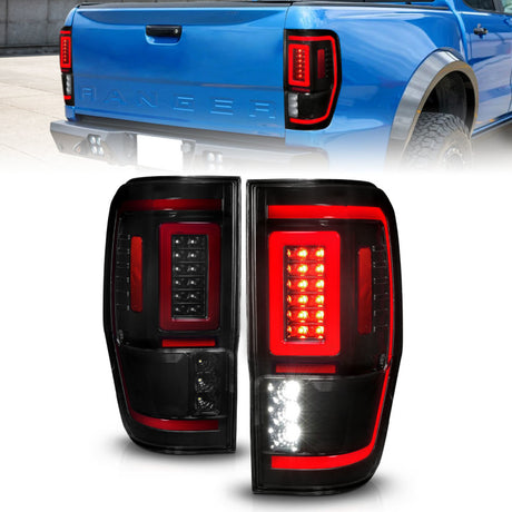 Feux arrière à LED ANZO 19-22 Ford Ranger avec signal séquentiel de barre lumineuse, boîtier noir/lentille fumée