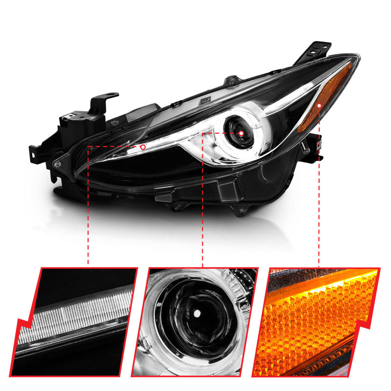 Phares de projecteur ANZO avec halo noir avec ambre 14-17 Mazda 3