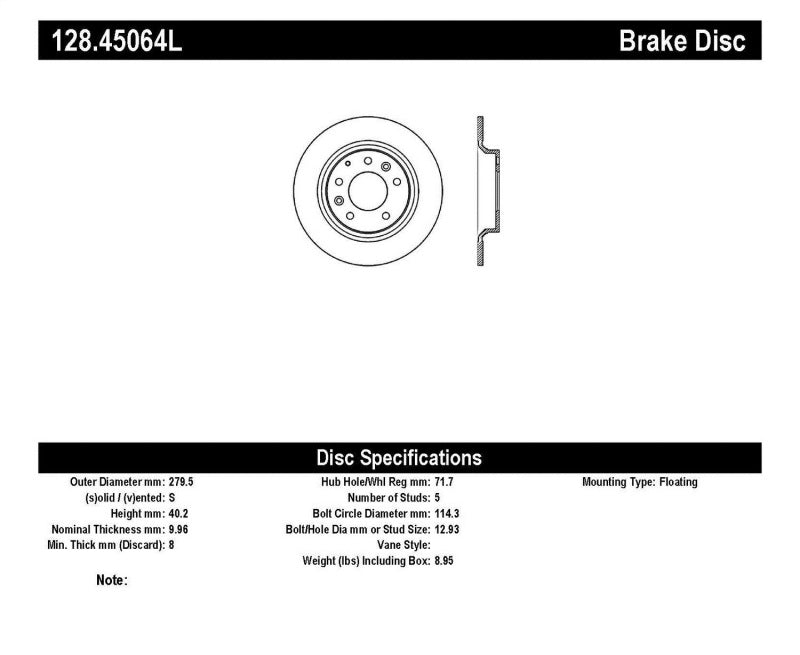 Disque de frein arrière gauche percé StopTech 06-10 Ford Fusion / 06-10 Mazda Miata MX-5 / 03-09 Mazda 6