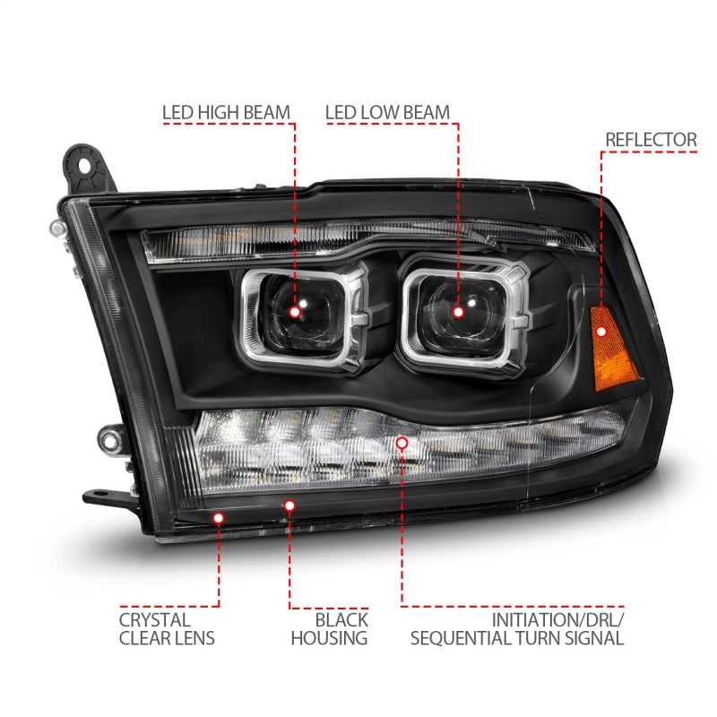 ANZO 09-18 Dodge Ram 1500/2500/3500 Phares de projet entièrement à LED avec barre lumineuse Switchback - Noir