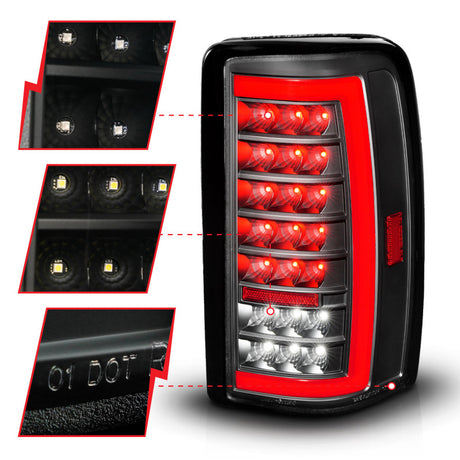 Feux arrière à LED ANZO 00-06 Chevrolet Tahoe / GMC Yukon avec barre lumineuse, boîtier noir/lentille transparente