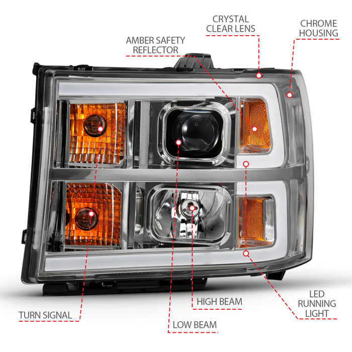 Phare de projecteur ANZO 2007-2013 Gmc Sierra 1500 style planche chromé avec lentille transparente ambre