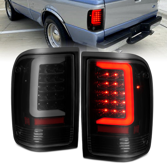 Feux arrière à LED ANZO 1993-1997 Ford Ranger avec barre lumineuse, boîtier noir, lentille fumée