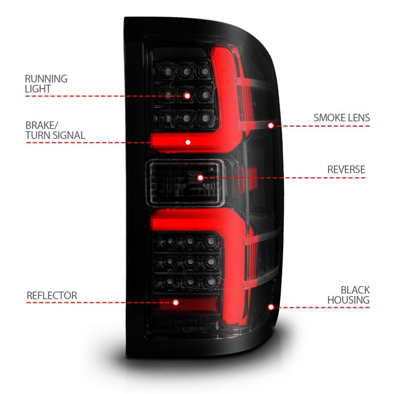 Feu arrière à LED ANZO 15-19 Chevrolet Silverado 2500 HD/3500 HD avec boîtier noir séquentiel/lentille fumée