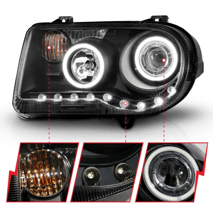 Phares de projecteur ANZO 2005-2010 Chrysler 300C avec halo noir (CCFL) G2