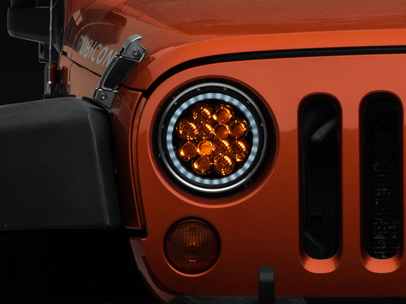 Phare LED Raxiom 97-18 Jeep Wrangler TJ/JK Axial Spider avec feux de jour ambrés - Chrome Hsng (lentille transparente)