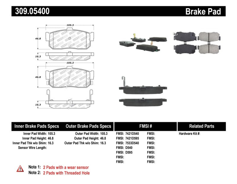 Plaquettes de frein arrière StopTech Performance 91-11/00 Infiniti G20/95-10/00 I30/I35 / 9/90-10/00 Maxima