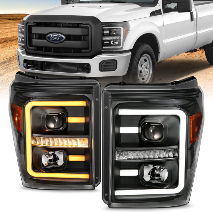 Phares de projecteur ANZO 2011-2016 Ford F250 avec interrupteur de style planche noir avec ambre