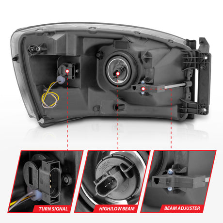 ANZO 06-09 Dodge RAM 1500/2500/3500 Headlights Black Housing/Clear Lens (w/ Light Bars)