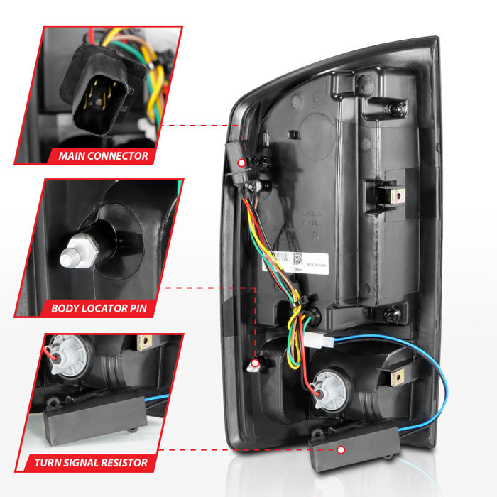 Feux arrière à LED ANZO 2002-2006 Dodge Ram 1500 avec barre lumineuse, boîtier noir, lentille transparente