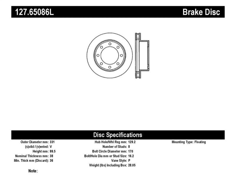 Rotor avant gauche rainuré et percé StopTech pour Ford Excursion 4WD / 99-04 F250/F350 Pickup 00-05