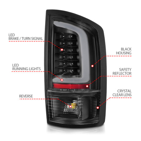 Feux arrière à LED ANZO 2002-2006 Dodge Ram 1500 avec barre lumineuse, boîtier noir, lentille transparente