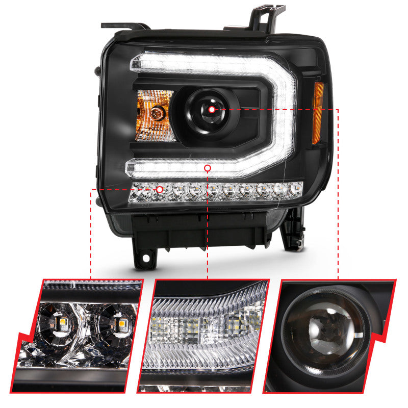 Phare de projecteur ANZO 2016-2019 Gmc Sierra 1500 style planche noir avec signal ambre séquentiel