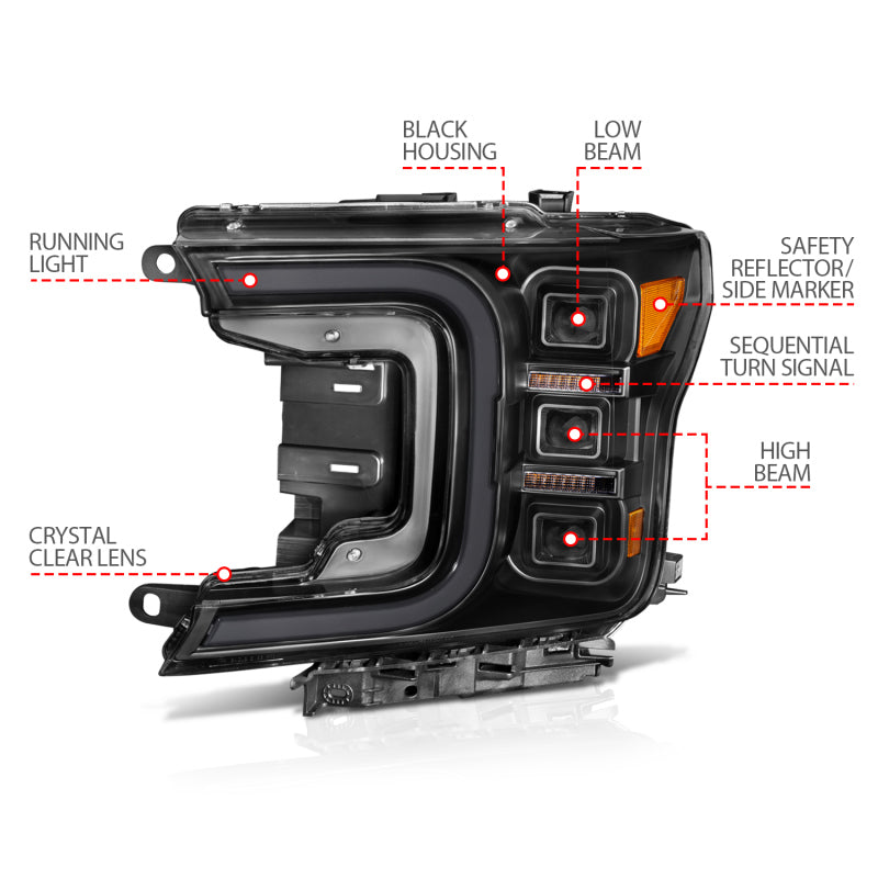 Phares de style barre de fumée à projecteur LED complet Anzo 18-20 Ford F-150 noir ambre