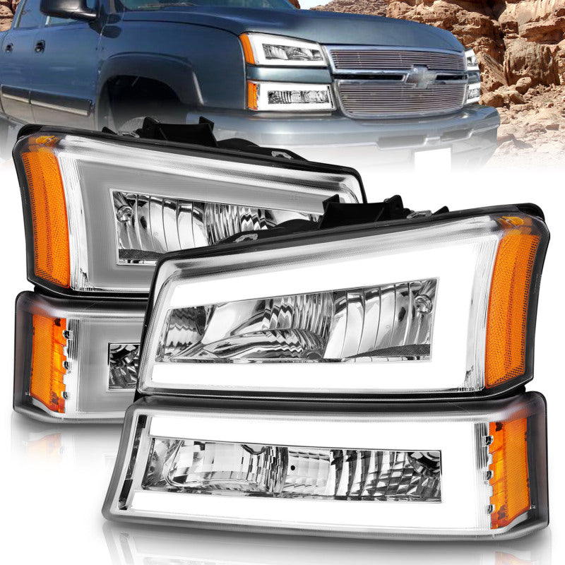 Phares en cristal ANZO 2003-2006 Chevrolet Silverado 1500 avec boîtier chromé pour barre lumineuse