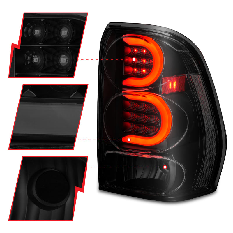 Feux arrière à LED ANZO 2002-2009 Chevrolet Trailblazer avec barre lumineuse, boîtier noir, lentille fumée