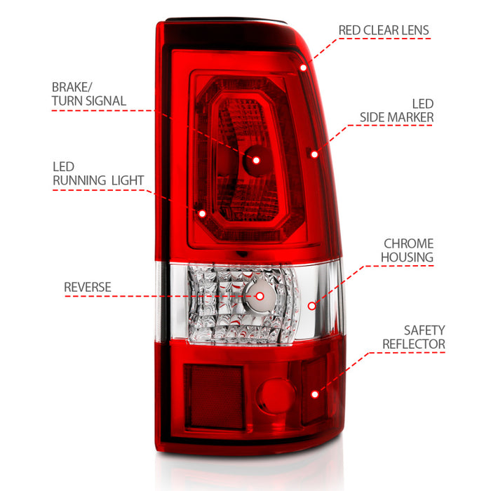 Feux arrière à LED ANZO 2003-2006 Chevy Silverado 1500 style planche chromé avec lentille rouge/transparente