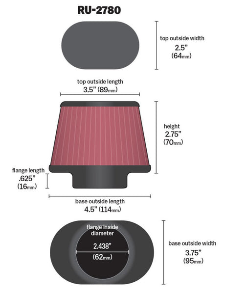 Filtre en caoutchouc universel K&amp;N Filter Bride de 2 7/16 pouces Base de 4,5 x 3,75 pouces Base de 3,5 x 2,5 pouces Supérieur de 2,75 pouces