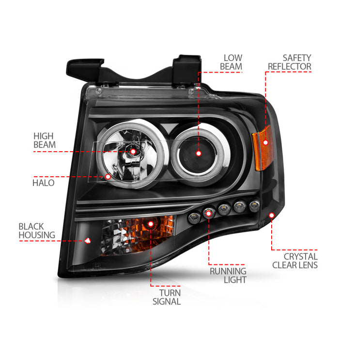 Phares de projecteur ANZO 2007-2014 Ford Expedition avec halo noir