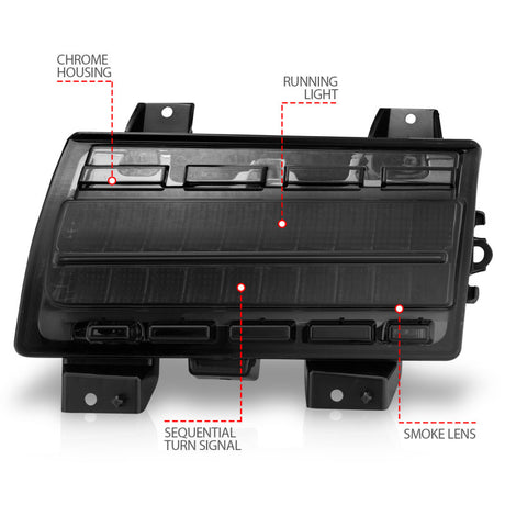 Marqueurs latéraux à LED ANZO 2018-2021 Jeep Wrangler, boîtier chromé, lentille fumée avec configuration Seq. Signal Low